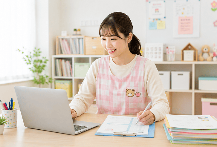 パソコンで書類作成をする保育士