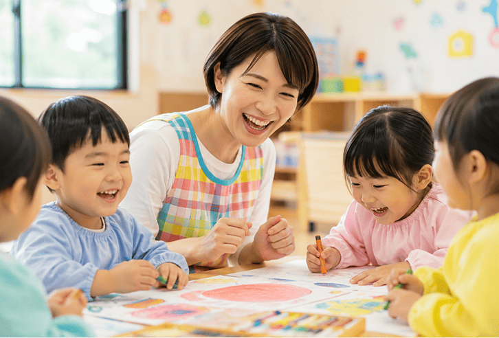園児と製作をする保育士